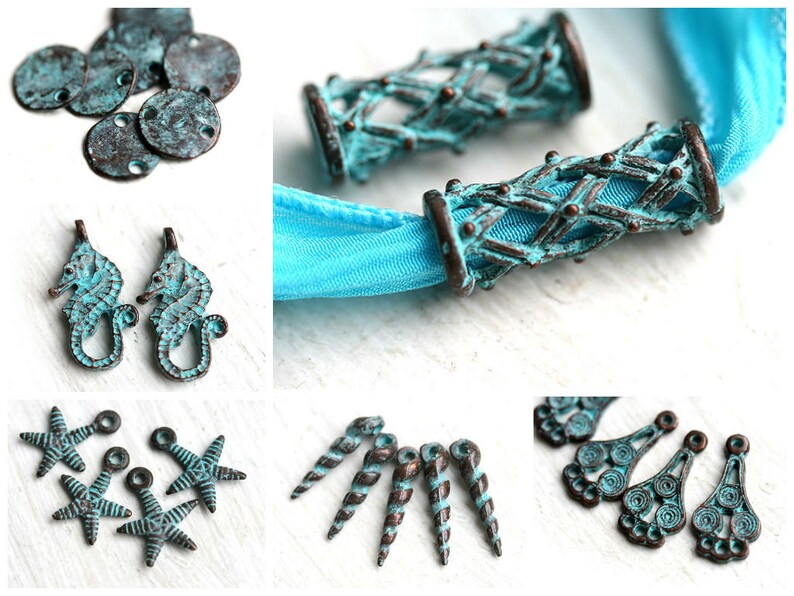 Puede incluir: Surtido de abalorios de metal azul turquesa con dise&ntilde;os de caballitos de mar, estrellas de mar y espirales. Los abalorios tienen un aspecto r&uacute;stico y envejecido y son perfectos para la elaboraci&oacute;n de joyas o manualidades.