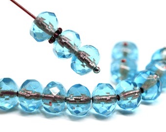 6x8mm Aqua blue czech glass fire polished rondelle beads water blue gemstone cut rondel beads, 12Pc - 5207