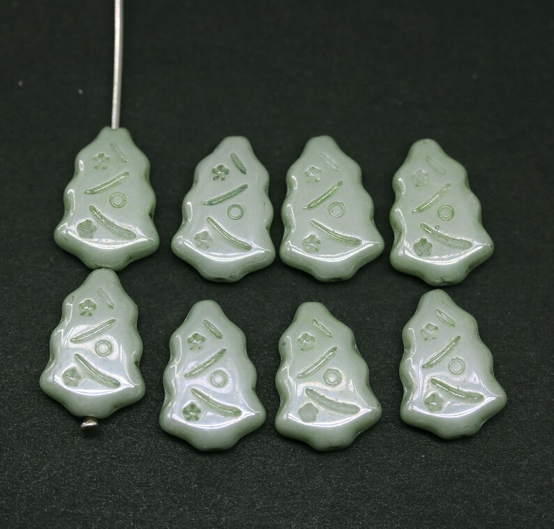 Christmas tree beads Czech glass white festive beads DIY Christmas holiday jewelry 8pc Pale green