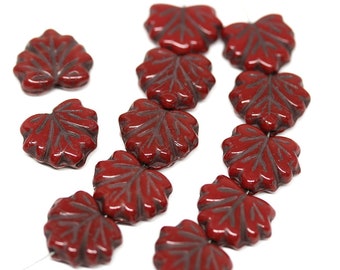 Czech Glass Maple Leaf Beads: Dark Red with Matte Black Inlay (11x13mm) - 10Pc