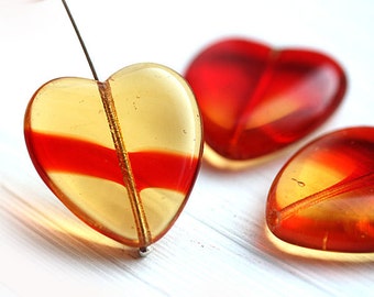 Huge heart beads Yellow Red hearts Mixed Yellow czech glass big focal beads - 24x22mm - 3Pc - 1389