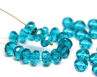 4x7mm Indicolite blue czech glass rondelle beads, Fire polished rondels gemstone cut faceted spacers 25pc - 0612