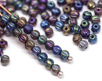 3mm Iris metallic melon round beads blue purple spacers czech glass pressed beads, 5gr - 0744