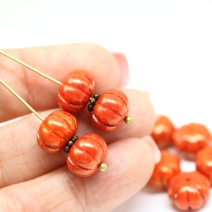 Orange pumpkin beads rustic luster 7x11mm rondelle Czech glass carved pressed beads 5449 image 3