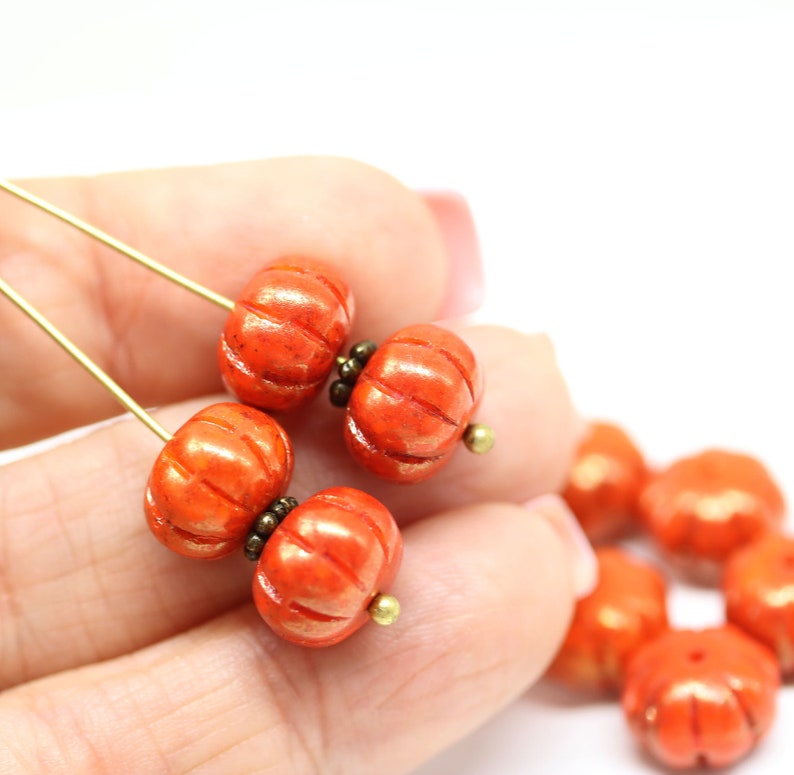 Orange pumpkin beads rustic luster 7x11mm rondelle Czech glass carved pressed beads 5449 image 3