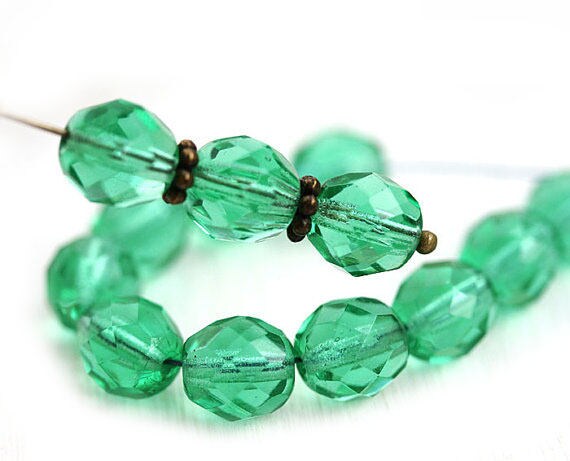 10 Mint Green Metallic Glass Faceted Fire Polished Round Beads 8MM