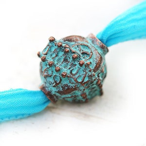 Large focal copper greek bead, Green patina Boho ornament bicone bead, crystal shape, Lead Free, 16x14mm - 1Pc - F224