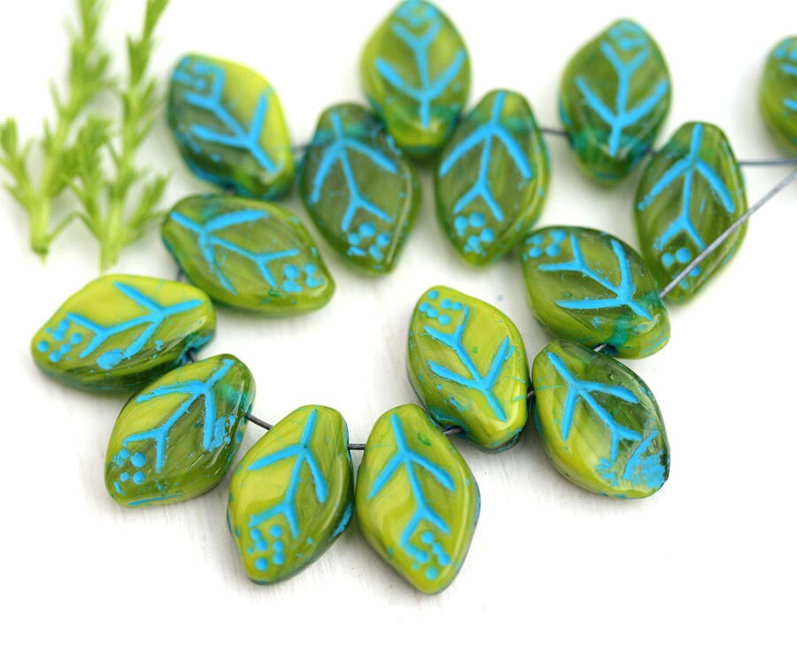 12x7mm Mixed Green Leaf Beads Blue Inlays Light Green Czech Etsy