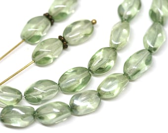 Antique green glass beads Light Green czech glass barrel beads 11x7mm Lustered Green oval twist beads - 20Pc - 1309