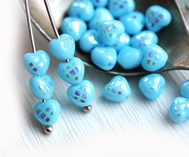 Blue Heart Beads Sky Blue Czech Glass Beads Tiny Hearts With Etsy