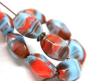 13x9mm Blue red twisted barrel czech glass beads brown red oval beads 8Pc - 2053