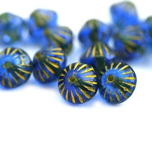 9mm Dark Blue Bicone beads, Yellow Stripes, czech glass beads 15Pc 2897 image 2