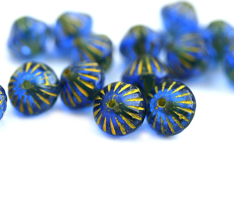 9mm Dark Blue Bicone beads, Yellow Stripes, czech glass beads 15Pc 2897 image 2