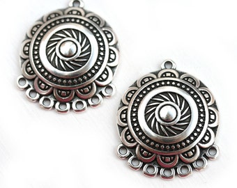 2pc Antique Silver Ethnic Earring Connectors, 25mm Circle Dome metal Boho charms, 7 loops, Greek metal casting - F539