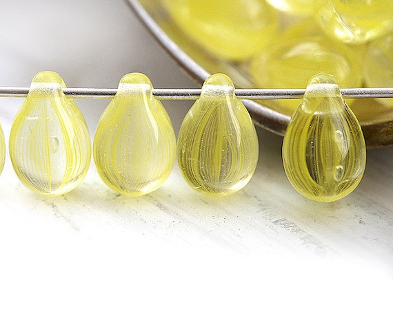 6x9mm Czech Glass yellow beads teardrops striped drops 20pc - 1803