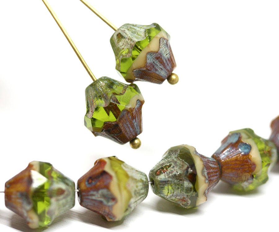 Green Beige Czech Glass Bicone Beads: Picasso Fire Polished (4pc)