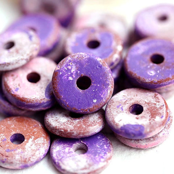 20pc Purple pink rondelle beads, Rustic ceramic beads mixed color rondels, 13mm washer bead for leather cord - 2289