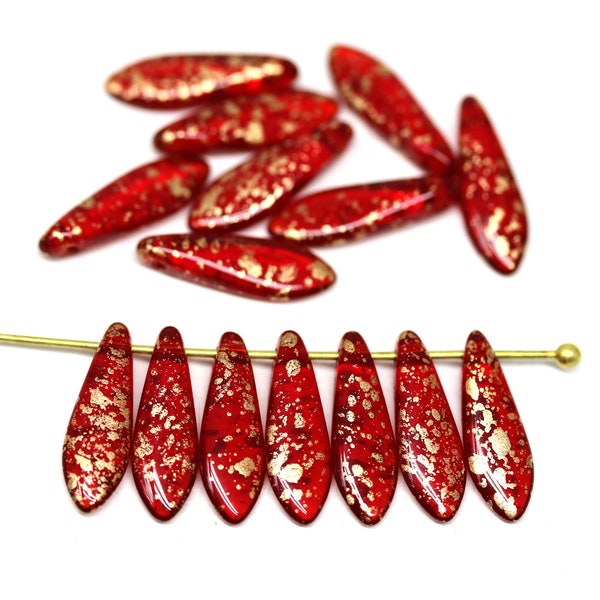 15pc Red dagger beads with golden flakes, czech glass top drilled tongue long beads 5x16mm - 2688