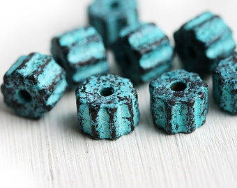 Green Patina Wheel beads Heavy Patinated greek ceramic round bead spacers rondelle washer for leather cord, 8pc - 2394