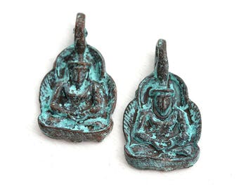 Green Patina Buddha Charm: Greek Metal Pendant Bead (2pc)