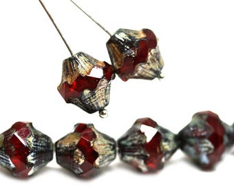 Dark Red 11mm bicone beads Baroque czech glass Picasso beads Red Fire polished large rustic bicones - 4pc - 2932