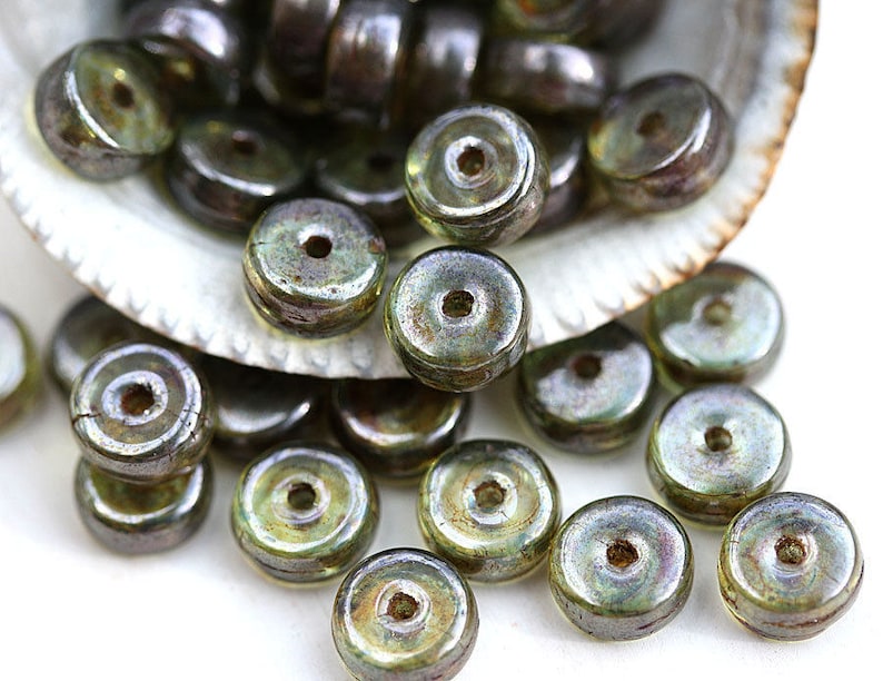 6x3mm pressed czech glass spacers green with luster rondels 40Pc 2921 Antique Green Picasso Rondelle beads