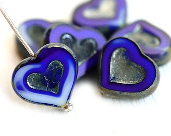 Dark Blue Heart beads, Picasso czech glass beads, French blue mixed color, table cut, glass heart - 14mm - 6Pc - 0037