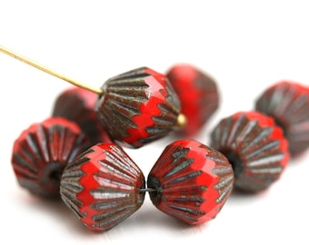 11mm Large Picasso Red bicones, czech Glass Fire polished beads, large rustic bicone beads - 8pc - 1789