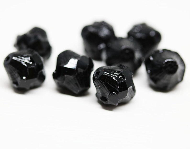 Jet black 11mm bicone beads Baroque czech glass Fire polished large bicones 4pc 2086 image 2