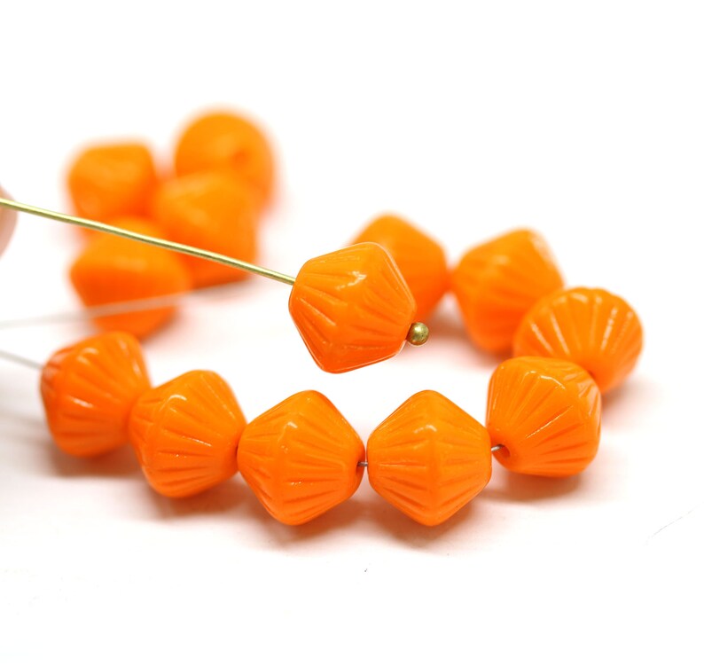 11mm Bright orange czech glass large bicone pressed beads 10pc 2138 image 1