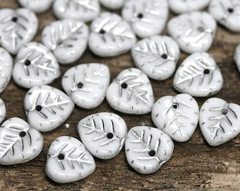 White Czech Glass Leaf Beads: Silver Inlay Heart Shaped, 9mm (30pc)