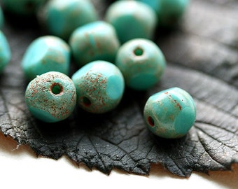 8mm Rustic Turquoise Czech beads Turquoise green Picasso round cut beads fire polished beads - 15Pc - 0476