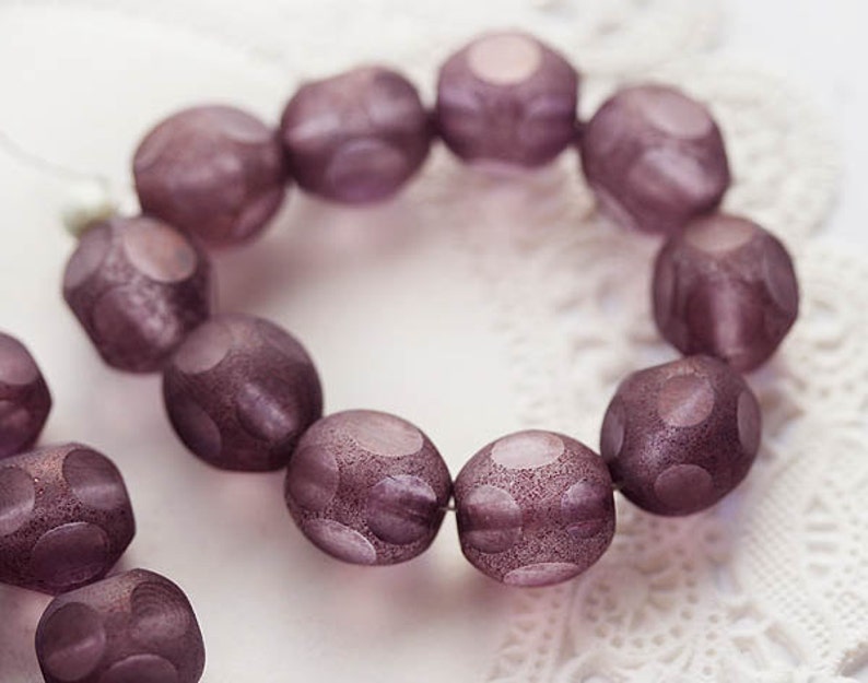 10mm Dusty purple violet glass beads, czech round fire polished, round cut purple beads 10Pc 1792 image 2