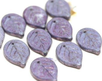 Large Purple Lustered leaf beads Purple czech glass beads Big size leaf, flat leaf bead - 18mm - 10Pc - 2762