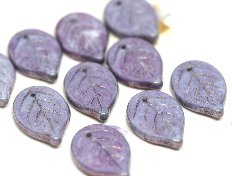 Large Purple Lustered leaf beads Purple czech glass beads Big size leaf, flat leaf bead 18mm 10Pc 2762 image 1