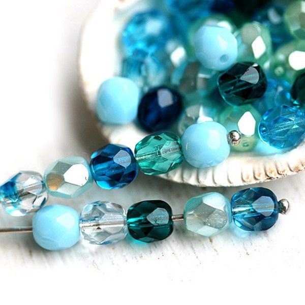Ocean teal beads mix, blue czech glass - fire polished, glass beads - 6mm - 25Pc - 0421