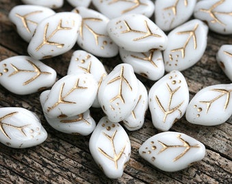 12x7mm White leaf beads Golden wash, Czech glass pressed leaves 30Pc - 1912