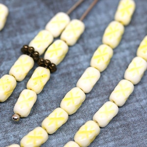 Czech Glass Rice Beads: White Barrel Beads with Yellow Ornament (50pc)