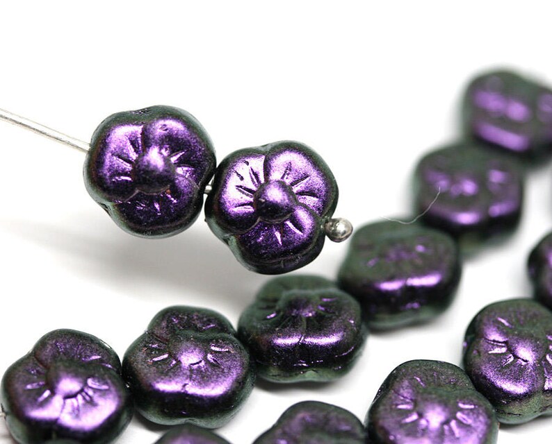 20Pc 1965 Metallic Purple flower bead Violet Purple glass bead 9mm czech glass flower three petal daisy floral bead