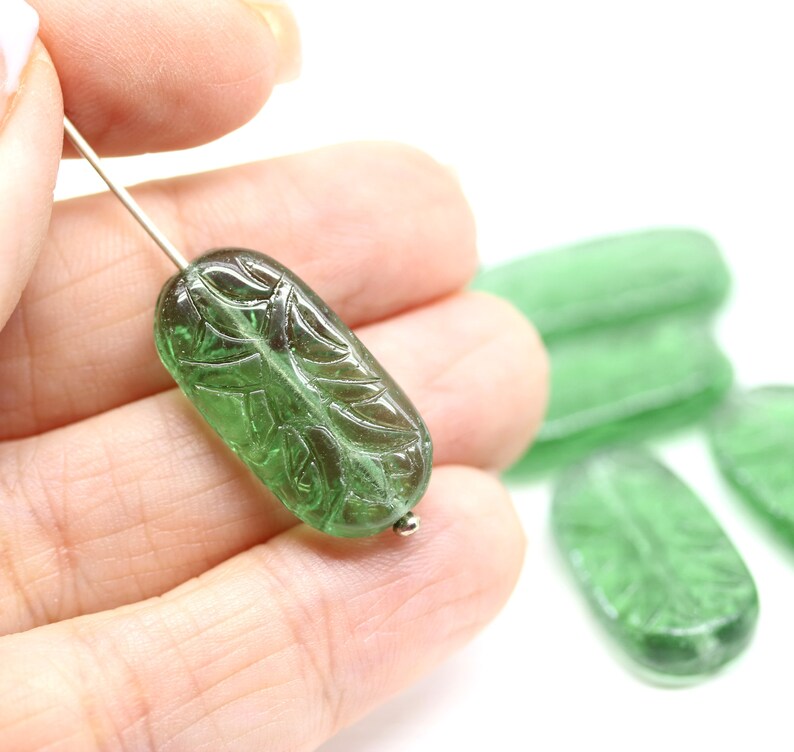 25x12mm Large antique green oval flat czech glass beads with ornament 6pc 5800 image 2