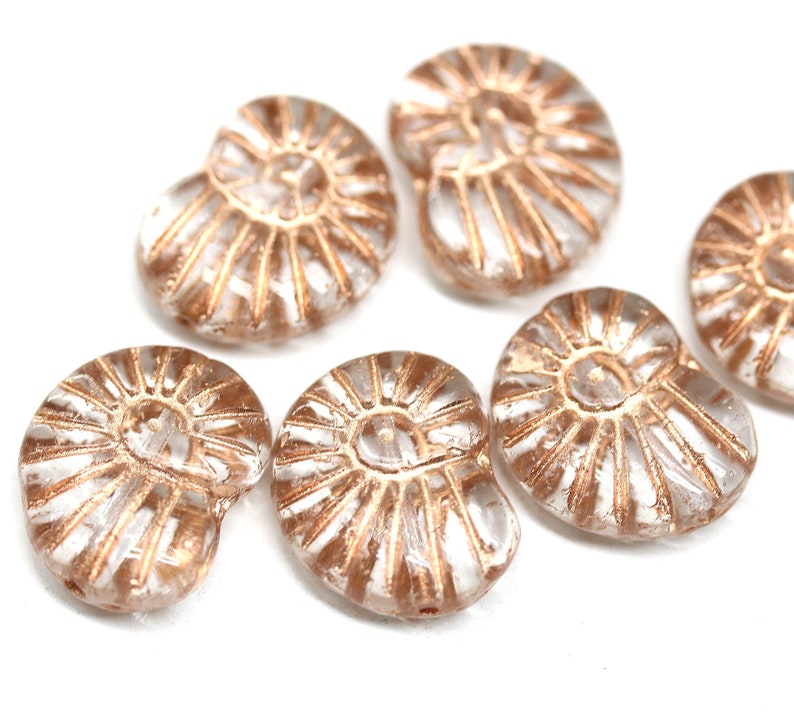 Nautilus Czech glass seashell beads, clear ammonite fossil copper wash 13x17mm, 6Pc 1777 image 1