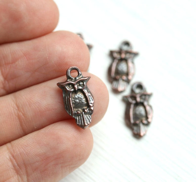 Copper Owl metal charm Antique Copper charm Small Owl greek beads, woodland Lead Free, 4Pc F269 image 3