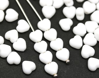 White heart beads Czech glass 6mm tiny hearts, jewelry making, 40pc - 5853