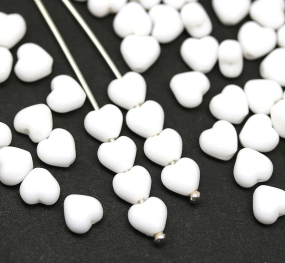 White Heart Beads Czech Glass 6mm Tiny Hearts, Jewelry Making