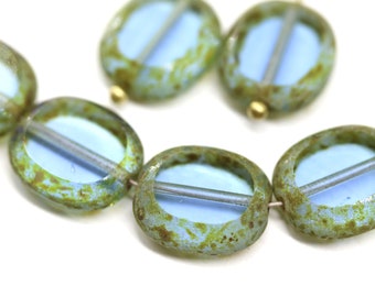 14x12mm Blue czech glass oval beads Picasso fire polished large beads table cut, 4Pc - 5641