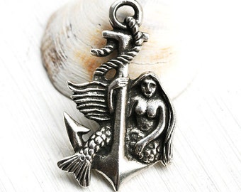 Antique Silver Large Mermaid pendant Anchor Metal Focal bead Lead Free nautical charm sailing beach jewelry making - 45mm - 1Pc - F235