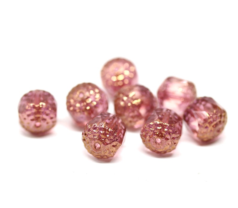 10mm Dark Pink cathedral czech glass beads, Golden ends Large fire polished faceted ball beads 8Pc 0138 image 2