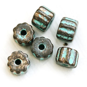 Verdigris patina rondelle beads Brass metalized greek ceramic wheels spacer rondel washer beads for leather cord 6pc - 0484