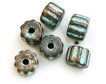 Verdigris patina rondelle beads Brass metalized greek ceramic wheels spacer rondel washer beads for leather cord 6pc - 0484