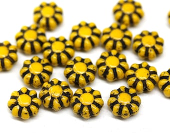 Yellow Daisy Czech Glass Flower Beads: 9mm, Black Inlays (20Pc)